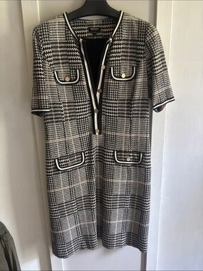 Worth Black and White Houndstooth Short Sleeve Dress with Gold Buttons